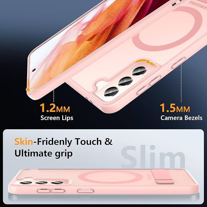 OWKEY for Samsung Galaxy S21 Case with Stand, Magnetic Shockproof Case Fit for Magsafe Translucent Matte Cover for Samsung S21, Pink