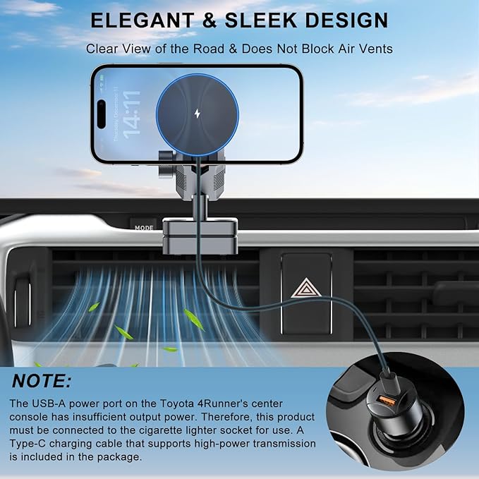 5th Gen Toyota 4Runner Phone Mount Charger, 15W Wireless Charging Phone Holder for 4Runner 2024 2023 2022 2021 2020-2010, Toyota 4runner Accessories for iPhone and MagSafe Cases