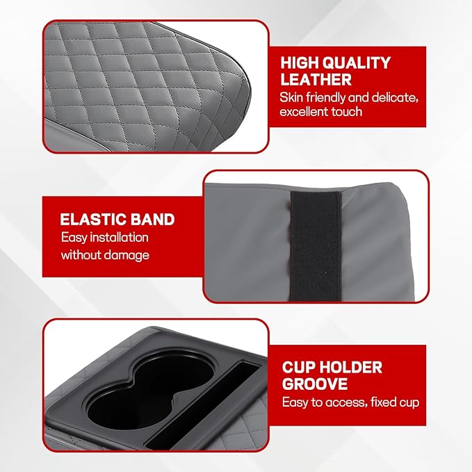 Car Center Console Armrest Pillow, 13.19"×7.87" Leather Car Arm Rest Cover, Memory Foam Auto Armrest Cushion with Cup Holder Phone Slot, Universal Vehicle Middle Console Cushion Pad (Gray)