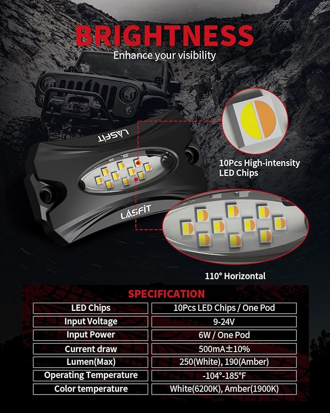 LASFIT Switchback Rock Lights Amber/White 1 Pod Extension Wheel Well Lights Underglow LED Lighting LED Rock Light, fit for LASFIT Only