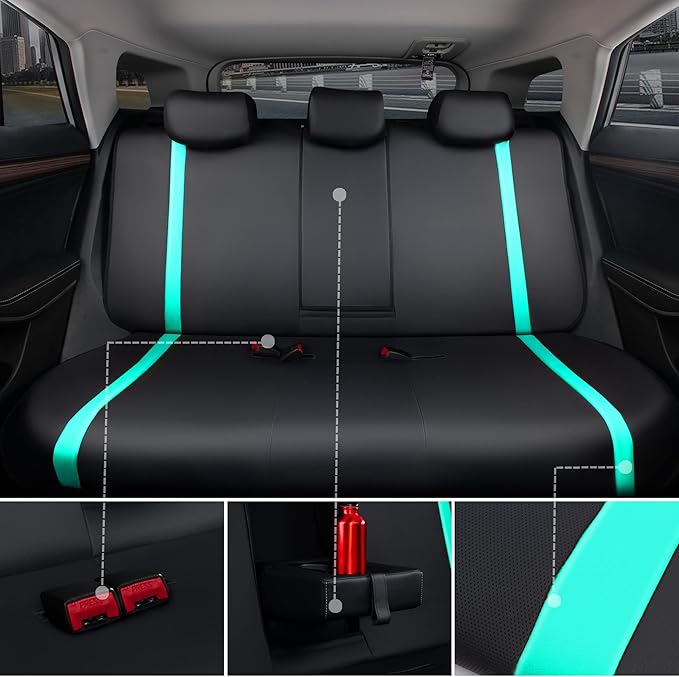 CAR PASS Black Mint Leather Car Seat Covers Full Set, Luxury PU Seat Covers for Cars, Waterproof Car Seat Protector Anti-Slip Seat Cushion Airbag Compatible for SUV Pick-up Truck Sedan, Mint Blue