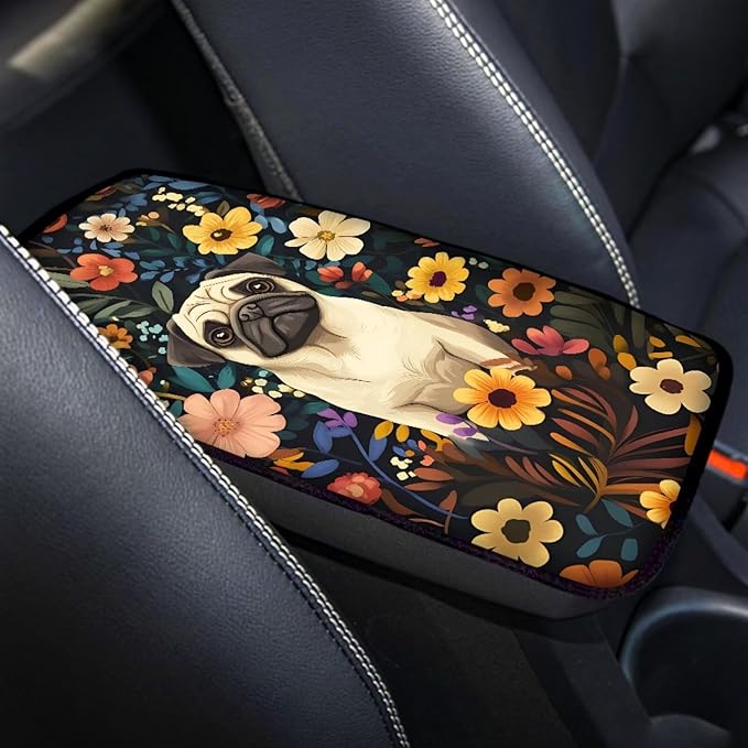 UNICEU Pug Floral Car Center Console Armrest Cover for Women Auto Interior Decor Neoprene Armrest Box Protector Cover Pad, Scratch Proof Non Slip Automotive Armrest Pads