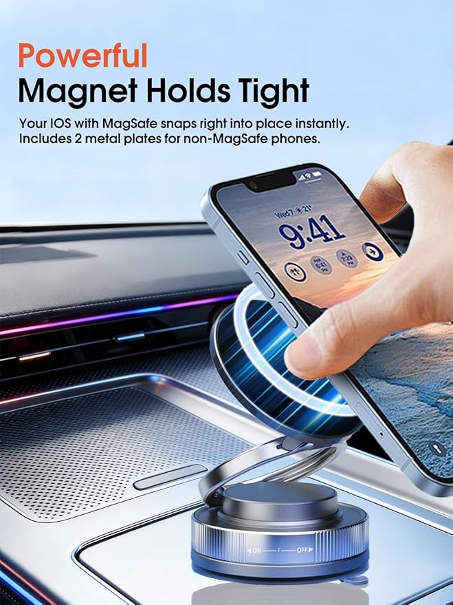 Vacuum Magnetic Car Phone Holder with Strong Magnets, 360° Adjustable Dash Cell Phone Holders, Foldabl Magsafe Car Mount with Vacuum Suction Cup for Cars/Gym/Mirror/Smooth Surface iOS Android, Silvery