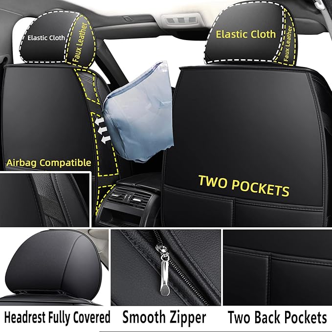 CAPITAUTO Seat Covers, Car Seat Covers Full Set, Black Car Seat Cover, Car Seat Covers Front Seats Back Seat Cover, Waterproof Faux Leather Seat Covers Fit for Most Cars Trucks SUV (Black)