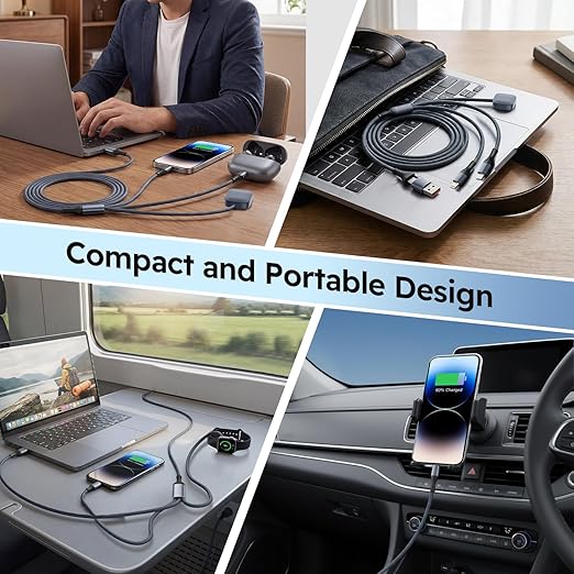 Travel Essentials 3in2 Multi Charging Cable for iPhone Watch Charger,USB A/C to Type C/IP/iWatch Charger, Charging Cords for Multiple Devices Compatible with iWatch Series&iPhone 17-12 6FT