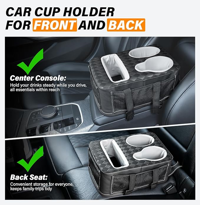 Center Console Cup Holder, Universal Car Armrest Storage Box with Bottle Holder & Tissue Slot & Side Pockets, Car Back Seat Truck Boat Couch Organizer PU Leather