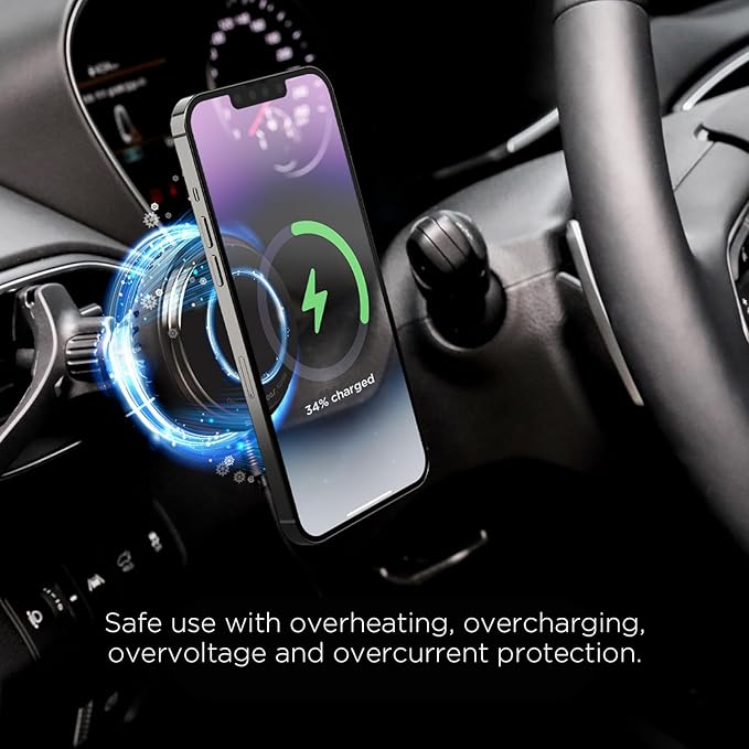 mooas Magnetic Car Mount Charger, Max.15W Fast wireless charger, Mag Safe car charger, Wireless car charger with air vent Mount, Cooling fan, Strong magnet, Compatible with iPhone, Galaxy, LG