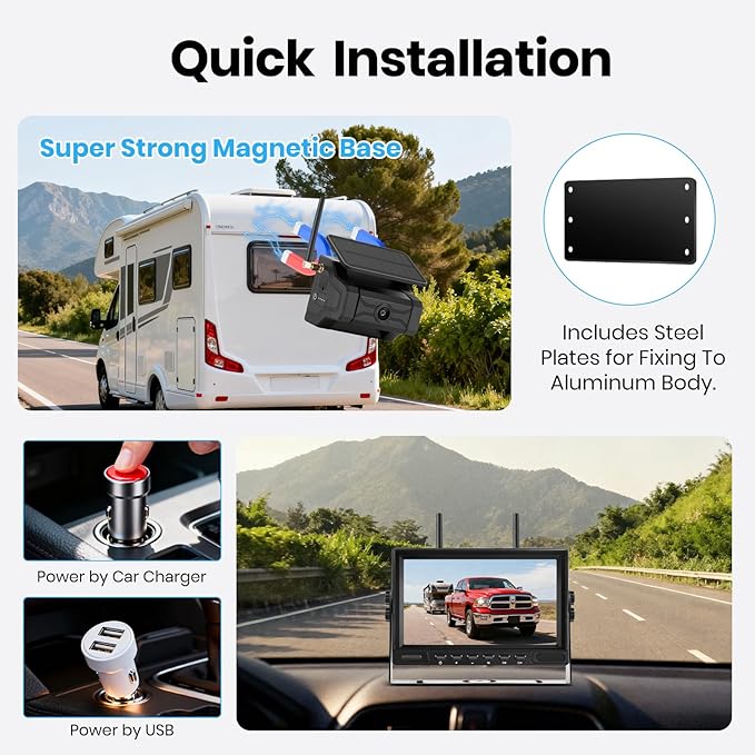 Magnetic Solar Wireless Backup Camera for Trailer: No Wiring Quick Install 7" HD 2-Split Monitor Rechargeable Battery IP68 Rearview Camera System for RV Truck Camper Horse Trailer Camera