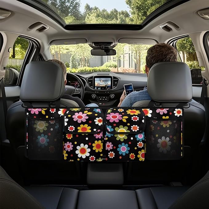 Daisy Car Trunk Organizer Hanging Car Organizer Back Seat, Car Hanging Accessories with 2 Pockets & 2 Mesh Pouches for Groceries, Will Provide More Space for SUV, Trucks, Van, Sedan