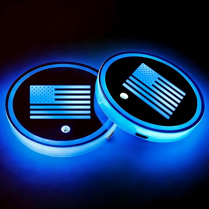 American Flag LED Cup Holder Lights for Car,2Pcs LED Light Up Cup Holder Coasters with USB Charging 7 Colors 3 Modes,Waterproof Interior Atmosphere Lamp,Car Decor Accessories Gifts for Women Men
