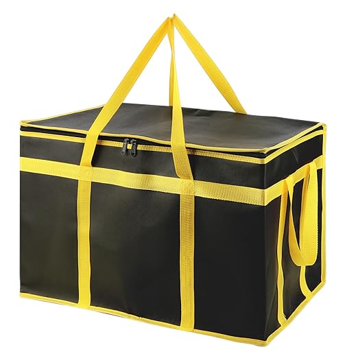Bodaon Insulated Food Delivery Bag, XXXL Pizza Delivery Bags for Hot and Cold Food, Commercial, Large Capacity Reusable Warming Bag, Catering Cooler Bag for Catering (Black-Yellow Edge, 1Pk)