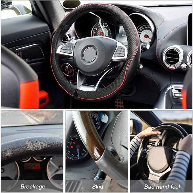 Leather Steering Wheel Cover, Soft Breathable Anti Slip, Universal Fit 15 Inch Car, Truck, SUV (Black/Red Line)
