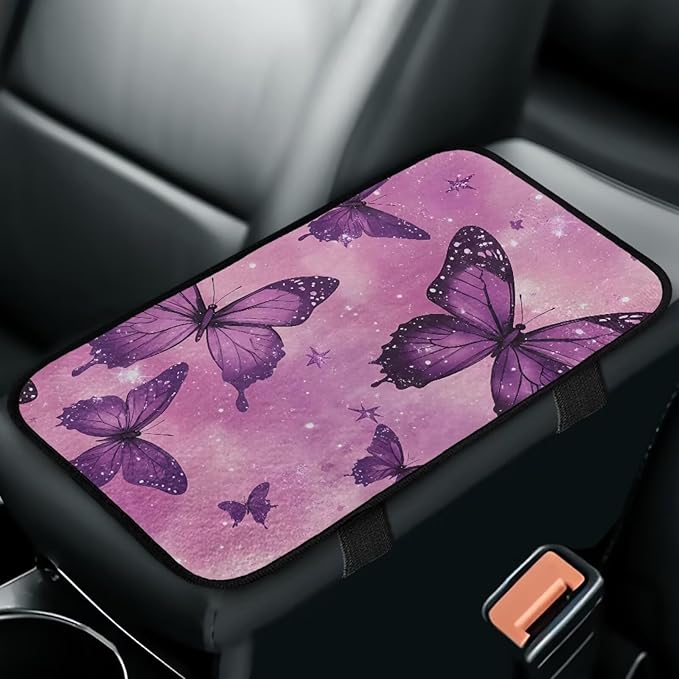 Purple Butterfly Auto Armrest Cover Flannel Anti-Slip Armrest Cover Car Soft Comfortable Cover Center Console Lid Protector Universal Fit Sedans,Cars,Vans,SUV,Truck