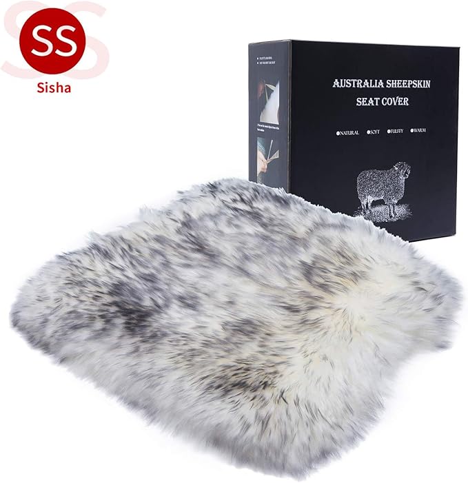 Winter Warmth: Universal Sheepskin Seat Cushion Cover - Natural Wool, for Cars, Trucks, SUVs & Vans - Cozy & Stylish Driving Companion Front Grey Tips