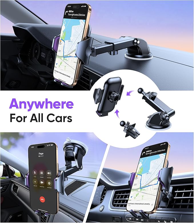 VICSEED Purple Phone Holders for Your Car [Upgraded True Military-Grade Strongest Suction] Cell Phone Mount for Car Dashboard Windshield Vent Truck Boat Stand Adjustable for iPhone Android