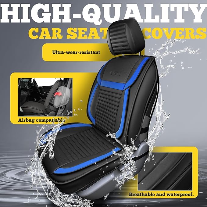 LINGVIDO Front Car Seat Covers, Faux Nappa Leather, Airbag Compatible and Waterproof Protectors for Sedans SUVs, Breathable Anti-Slip Interior for Commuters and Rideshare, Black/Blue