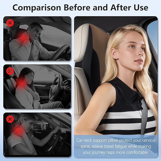 BABUR Car Headrest Pillow | Ergonomic Memory Foam Neck Shoulder Support Pillow with Adjustable Design & Enlarged Surface | Pain Relief for Driving Travel Sleeping | Brown 1 Pack