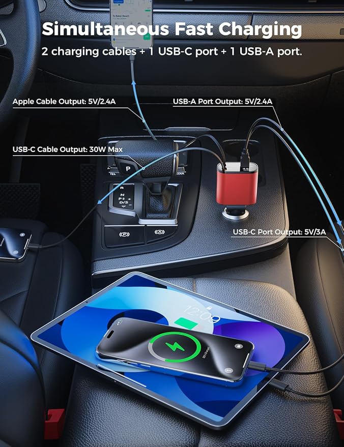 SUPERONE 【Upgraded】 Retractable Car Charger 4 in 1, Fast Car Phone Charger with Cord 2.6ft, USB C and Apple Car Charger Adapter, Compatible with iPhone 17/16/15/15 Pro Max/14/13/12/11, Galaxy, Pixel