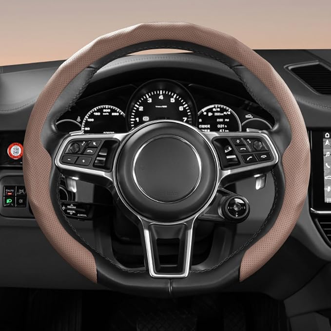 Universal 15 Inch Premium Nappa Leather Steering Wheel Cover - Non-Slip, Soft Comfortable Grip, Easy Install for Most Cars (Mocha Brown)