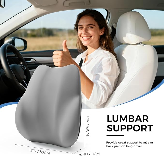 BEBAS Lumbar Support Pillow for Car, Memory Foam Back Cushion for Driving, Ergonomic Lumbar Pillow for Pain Relief, Comfort Lower Back Support for Office Chairs, Car Seat, Wheelchair -Gray