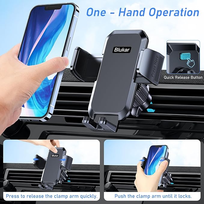 Blukar Car Phone Holder Mount, Super Stable Air Vent Cell Phone Car Mount with 2025 Metal Hook Clip, 360° Rotation,One Button Release for iPhone, Galaxy, Google, and All Other Smartphones