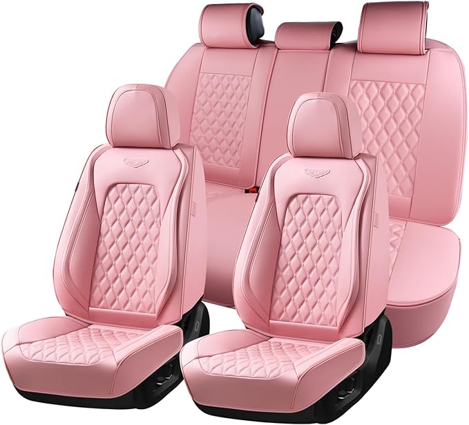 Coverado Full Set Car Seat Covers, Luxury Faux Leather Waterproof Seat Covers, Pink Car Seat Protectors, Universal Fit for Most Cars, Automotive Seat Covers-Pink