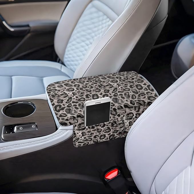 Dreaweet Grey Leopard Print Car Armrest Cover Pad Thick Center Console Cover with Pockets Cheetah Car Accessories for Women Universal Arm Rest Cover for Car Center Console for Cars