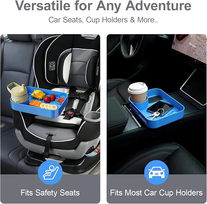 Car Seat Snack Tray for Toddlers - 3 Inch Cup Holder Fits Most Sippy Cups & Straw Bottles with Dip Well, Mess-Free Square Kids Travel Tray Road Trip Essentials, Blue