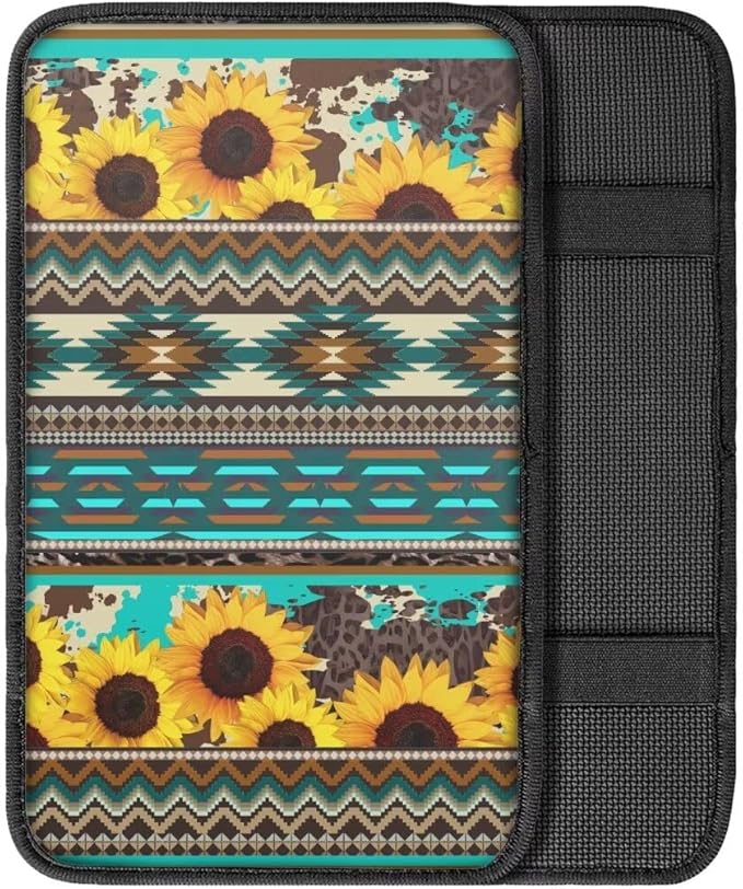 Coldinair Tribal Aztec Car Armrest Cover,Sunflower Auto Center Console Pad,Soft Seat Box Cover Protector Cushion,Car Accessories Decor for Most Cars,Sedan,Truck,SUV