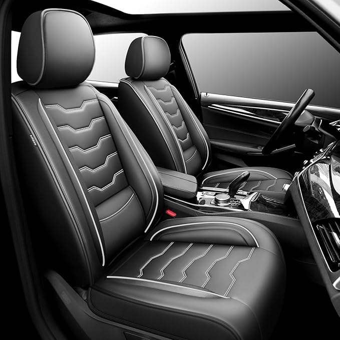 Fit Tucson Car Seat Covers Premium Leather for Hyundai Tucson 2010-2025 2026. Waterproof， Breathable, Scratch-Resistant & All-Weather Seat Cushion Protector (Front Seat, White Line Black)