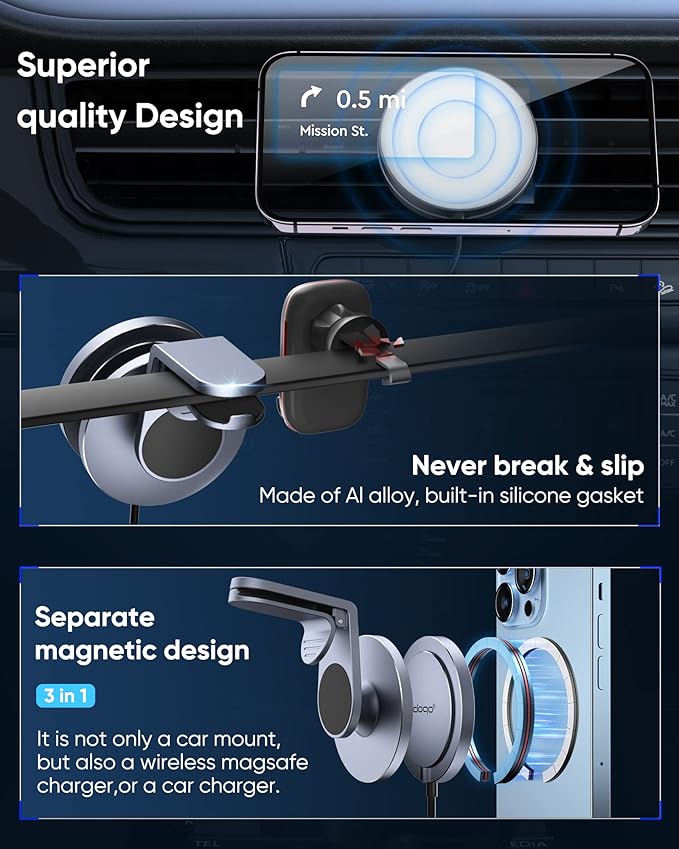 doqo Separate iPhone Magsafe car Mount [Apple MFi Certified] Magnetic Phone Holder for Car[Easily Install] 15W Fast Charging Air Vent for iPhone 14 13 12 Pro Plus Max Mini with iPhone 13 MagSafecase