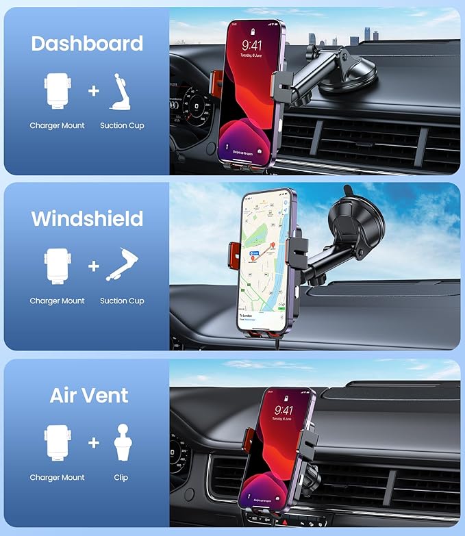Wireless Car Charger, MOKPR 15W Fast Charging Auto-Clamping Car Mount Hands-Free Car Charger Mount for Dash Windshield Air Vent Compatible with iPhone 16 15/14/13/12, Samsung S23/S22/S21,red