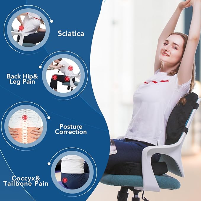 QUTOOL Seat Cushion and Lumbar Support Set for Office Chair – Supports Lower Back & Hips for Long Sitting Comfort, Helps Maintain a Comfortable Sitting Position, Ergonomic Memory Foam, Washable Cover