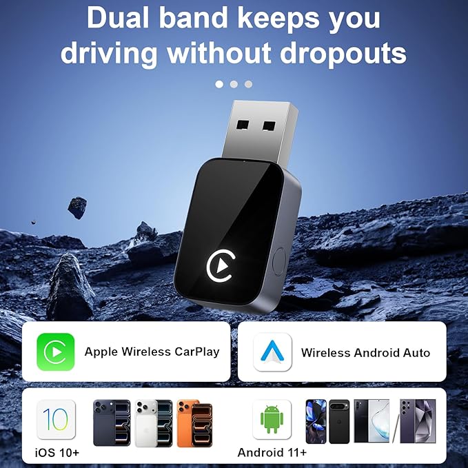 2-in-1 Wireless CarPlay&Android Auto Adapter,Fast Auto-Connect,Compact Plug&Play Wireless CarPlay Converter for iPhone&Android,No Delay Car Play for iPhone iOS 10+,Android 11+