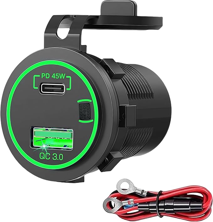 45W PD & 18W QC3.0 USB Laptop Car Charger Power Socket, Marine Type-C/USB C Port Fast Charging Adapter, 12V USB Power Outlet with ON/Off Switch Button Waterproof Cover for Boat RV Truck Golf (Green)