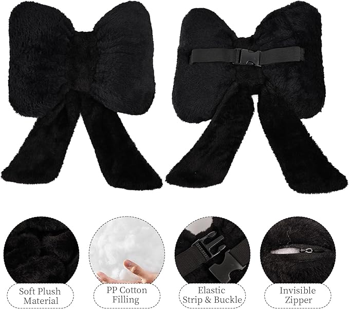 2 Pack Bow Car Headrest Pillows Plush Car Neck Pillows for Travel Driving Office Chair Head Support Cushions, Also Cute Car Decor Accessories (Black)