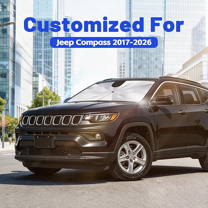 Car Windshield Sun Shade for Jeep Compass 2017-2026 –[Reflective Coated Fabric] Sunshade Umbrella for Front Window, Car Shades Sun Visor Keep Car Cool and Protects Interior, 1:1 Exact Fit