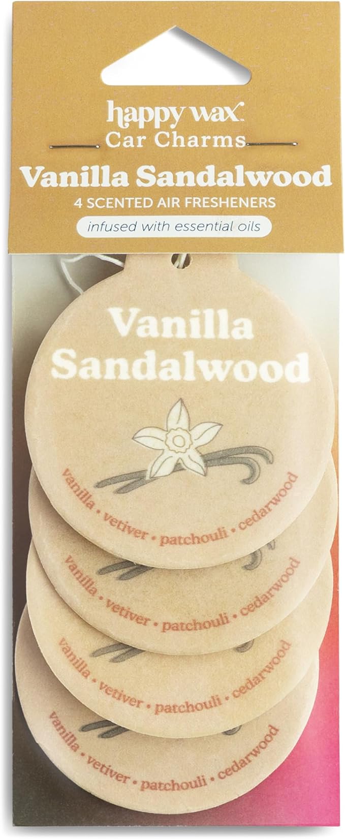 Happy Wax Vanilla Sandalwood Car Charms 4-Pack - Scent Notes: Vanilla, Vetiver, Patchouli and Cedarwood
