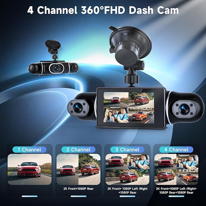 4 Channel Dash Cam with Front Rear Left Right Cameras, 360° Car Camera System for Driving & Parking, Night Vision, Parking Monitor, G-Sensor, Loop Recording, Multi-Camera Dashcam+64GB Card
