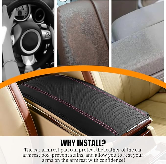 Car Center Console Cover, PU Leather Vehicle Armrest Seat Box Cover Protector, Comfortable Automotive Interior Arm Rest Cushion Pad Accessories, Universal for SUV Sedan Truck (Black/Pink)