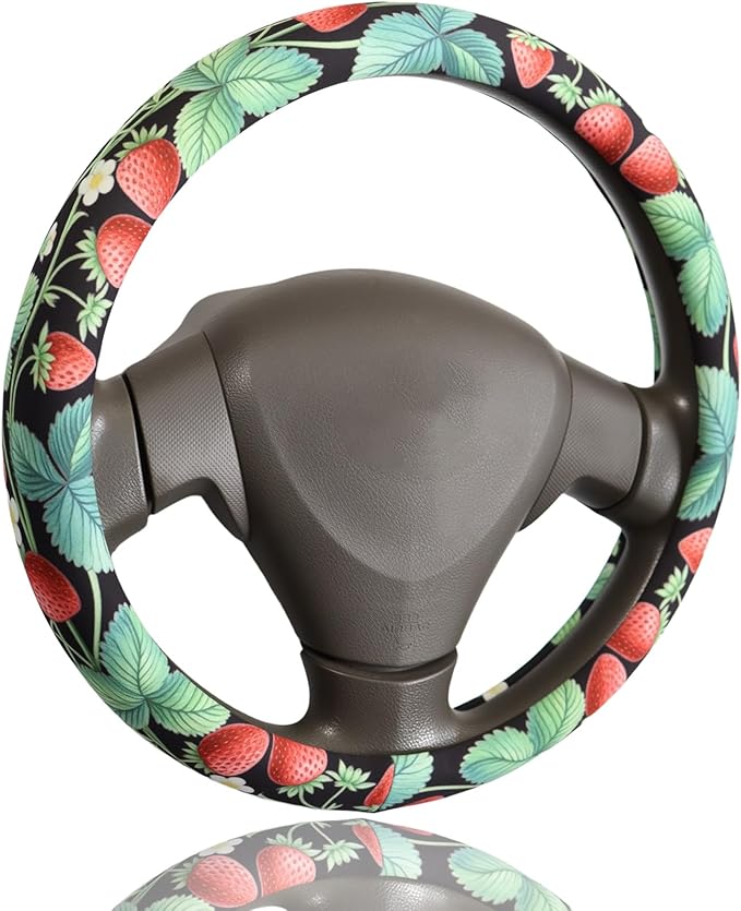 Strawberry Vine Steering Wheel Cover for 14.5-15 Inch (37-38 cm) Wheels, Premium Fabric with Non-Slip Rubber Inner Ring (Strawberry Vine)
