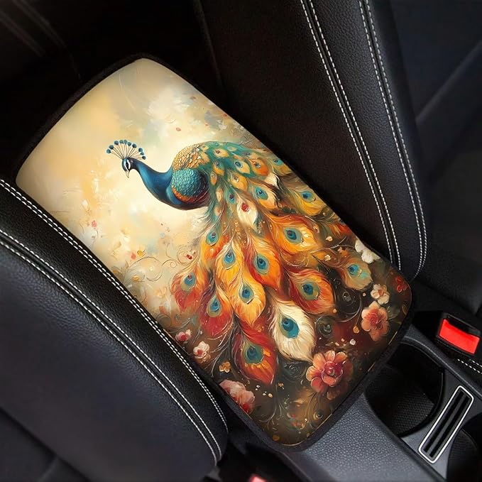 Suobstales Peacock Flower Print Car Armrest Pad Soft Center Console Arm Rest Protector Cover Universal Car Interior Accessories Decoration