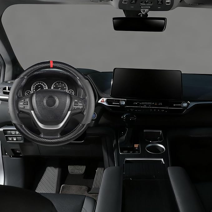 KAFEEK Carbon Fiber Steering Wheel Cover for Ford F150 F250 F350 Ram 4Runner Tacoma Tundra Range Rover, Large Size 15.5"-16", Breathable Microfiber Leather, Odorless, Black