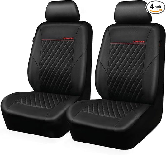 CAR PASS Quilting Leather Seat Cover Two Front Seats Only, Universal Fit Automotive Front Seat Covers Waterproof Deluxe PU Premium Vinyl Luxury for Cars Sedan Van SUV Airbag Compatible 2 Pieces,Black
