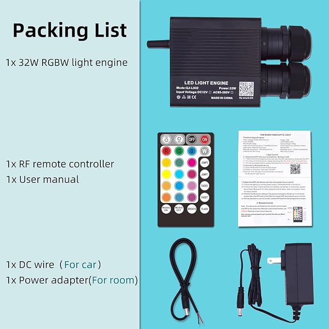32W Bluetooth APP Control Music Sync Fiber Optic Light Source RGBW Light Box Engine Diver for Car Starlight Headliner Home Indoor Star Ceiling Decoration