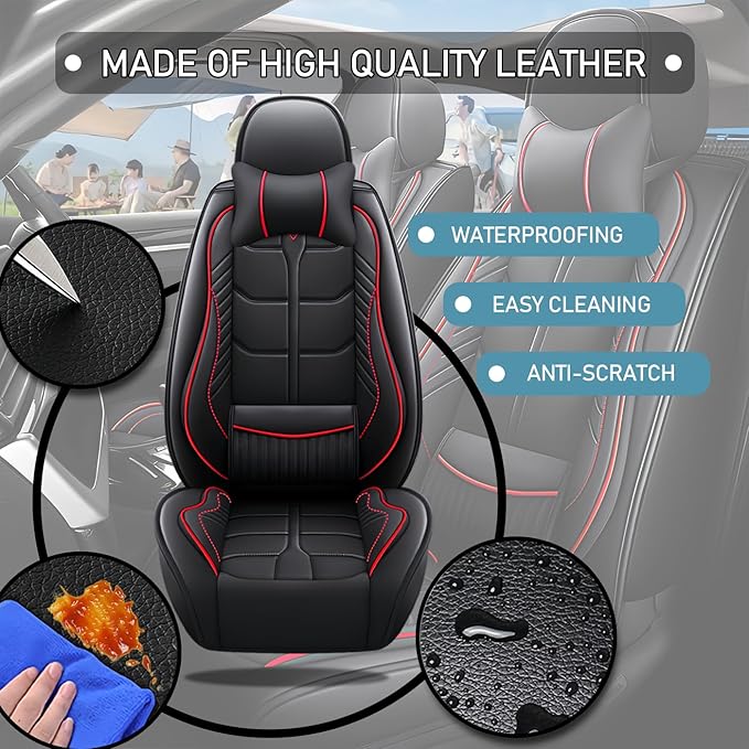 Leather Car Seat Covers Fit for Toyota Prius 2004-2024, 5 Seater Car Seat Cover, Premium Waterproof, Scratch Resistant Car Interior Accessories (Full Set with Pillow Black Red)