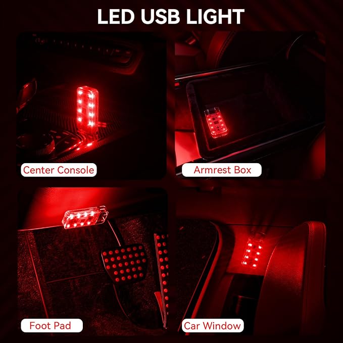 2 PCS Car LED Lights, Portable Magnetic Car USB Atmosphere Interior Light, 8 High-Brightness LED Beads, Rechargeable Touch-Sensitive Light for Vehicles, Bedrooms, Hallways, Camping(2 Red)