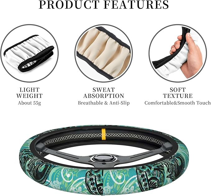 Hawaiian Sea Turtles Oceans Car Steering Wheel Cover for Women Men Stretch Cloth Anti-Slip Wrap Protector Case Fit Universal Auto Accessories Decor Sweat Absorption 14-15 Inch