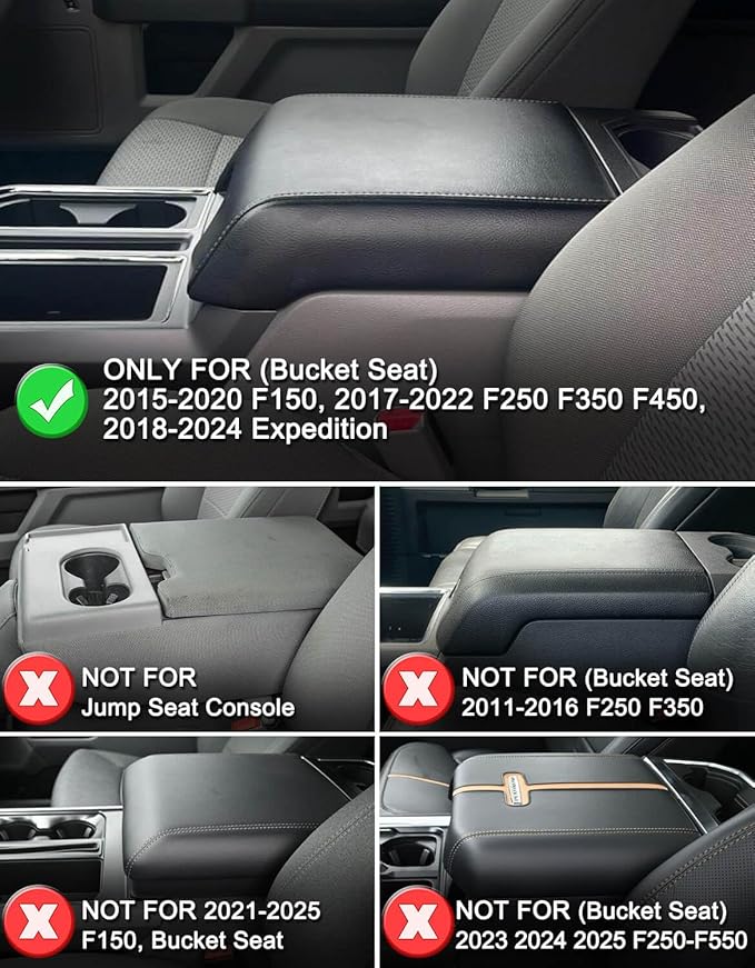 KBH Center Console Armrest Cover for 2015-2020 Ford F150, 2017-2022 F250 F350 F450 F550, 2018-2024 Expedition, Bucket Seat, PU Leather Cushion Thick Pad, Anti-Scratch, Brown (Not for Other Models)