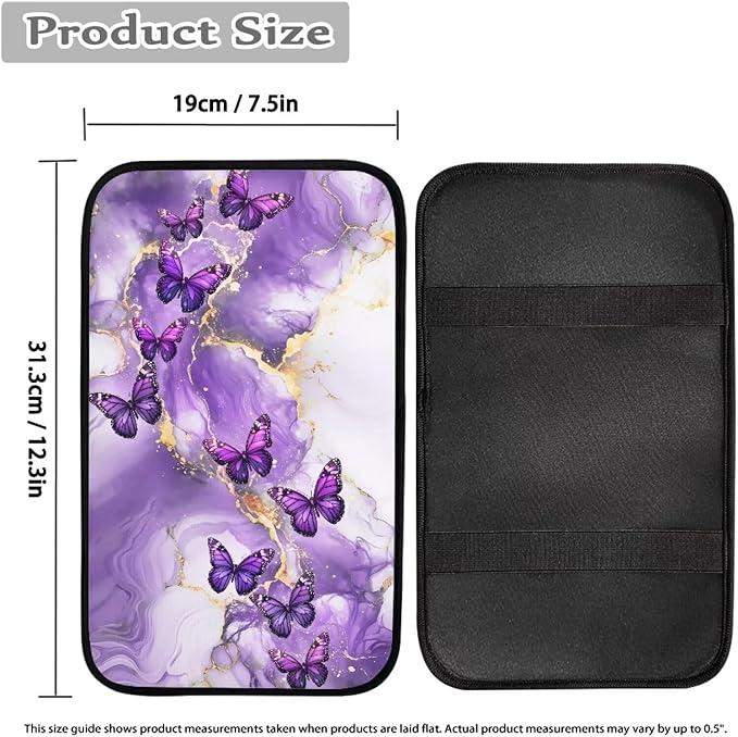 Purple Marble Butterfly Auto Armrest Box Cover Car Armrest Storage Box Mat Center Console Armrest Soft Pad Fits for Most Vehicle,SUV,Truck
